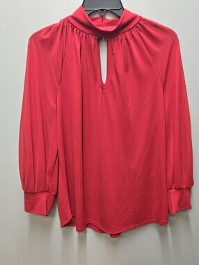 7th Avenue New York & Company Womens Large Red Keyhole Blouse Long Sleeve
